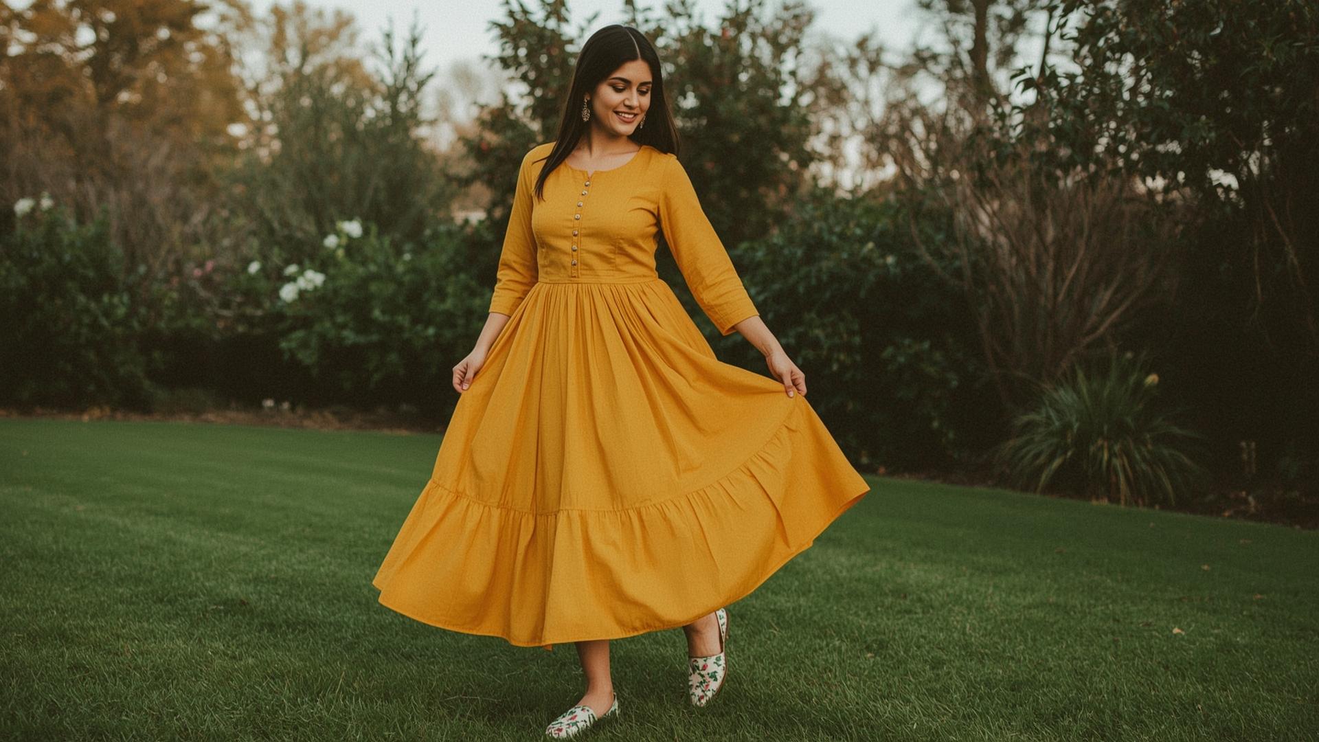 Lucid_Realism_A_young_woman_in_a_mustard_yellow_midi_dress_twi_0